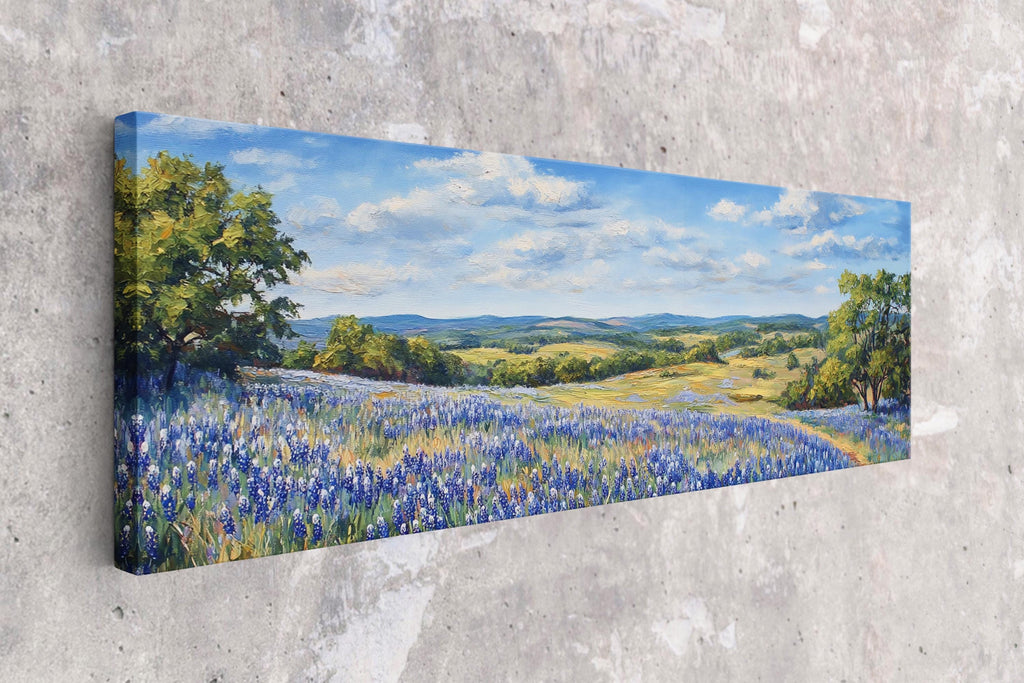 a painting of a field of blue flowers