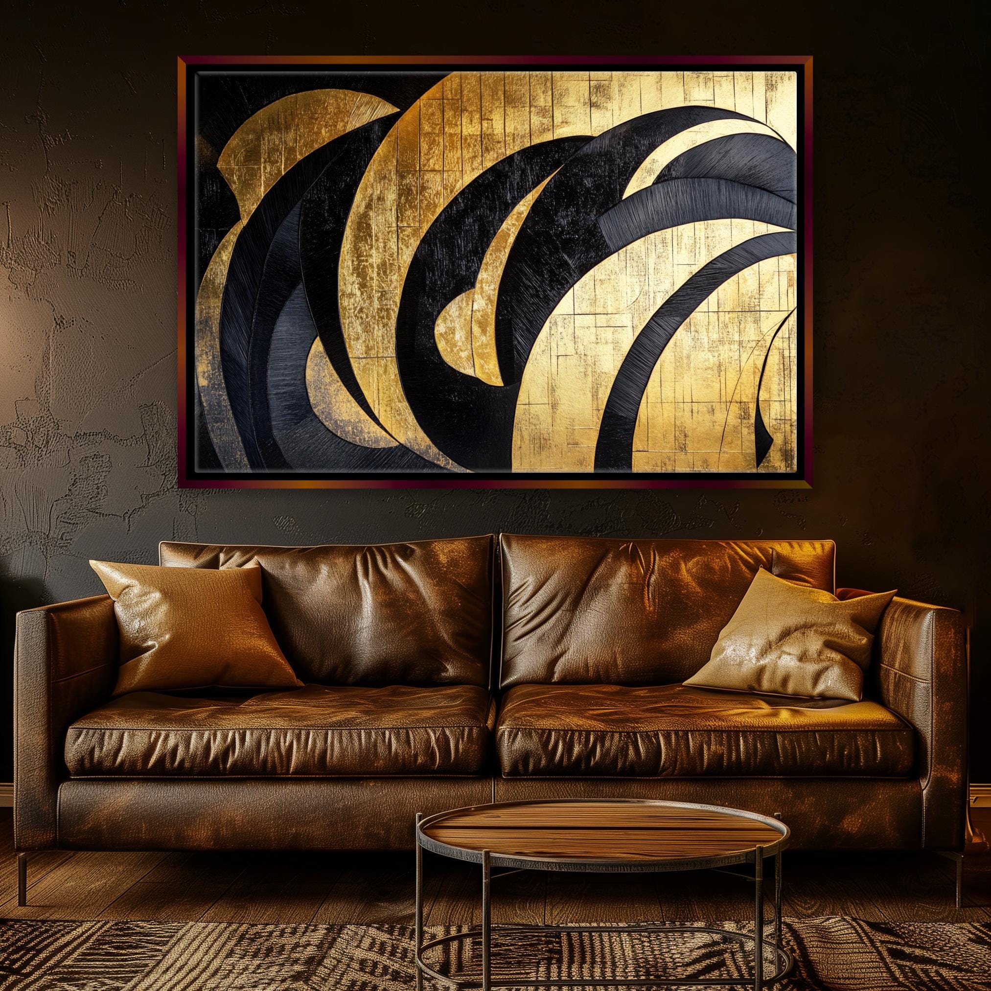a living room with a couch and a painting on the wall