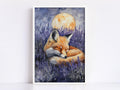 A painting of a sleeping fox curled up in a field of purple flowers, with a large full moon in the background.