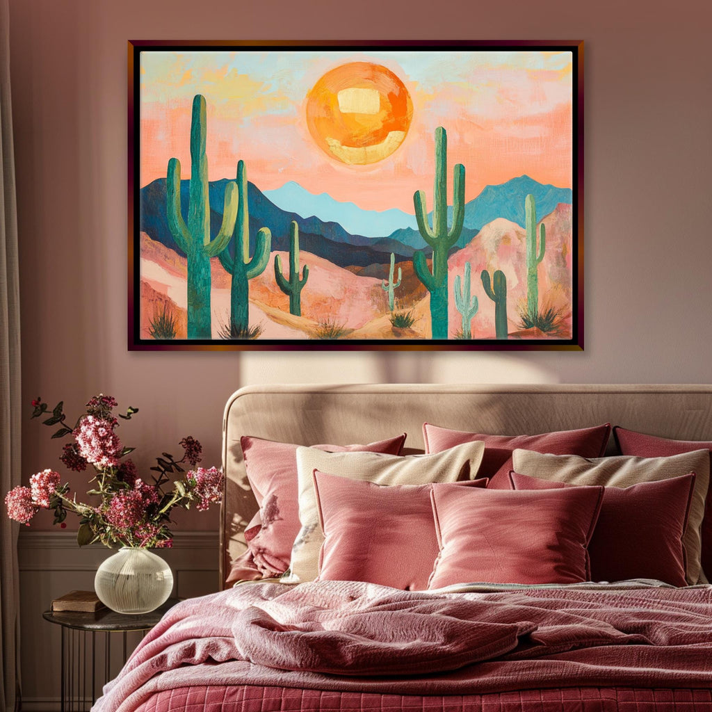 a painting of a desert scene hangs above a bed