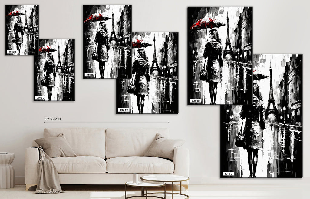 Parisian Cityscape Canvas – Monochrome Wall Art With Red Umbrella, Vintage Paris Print