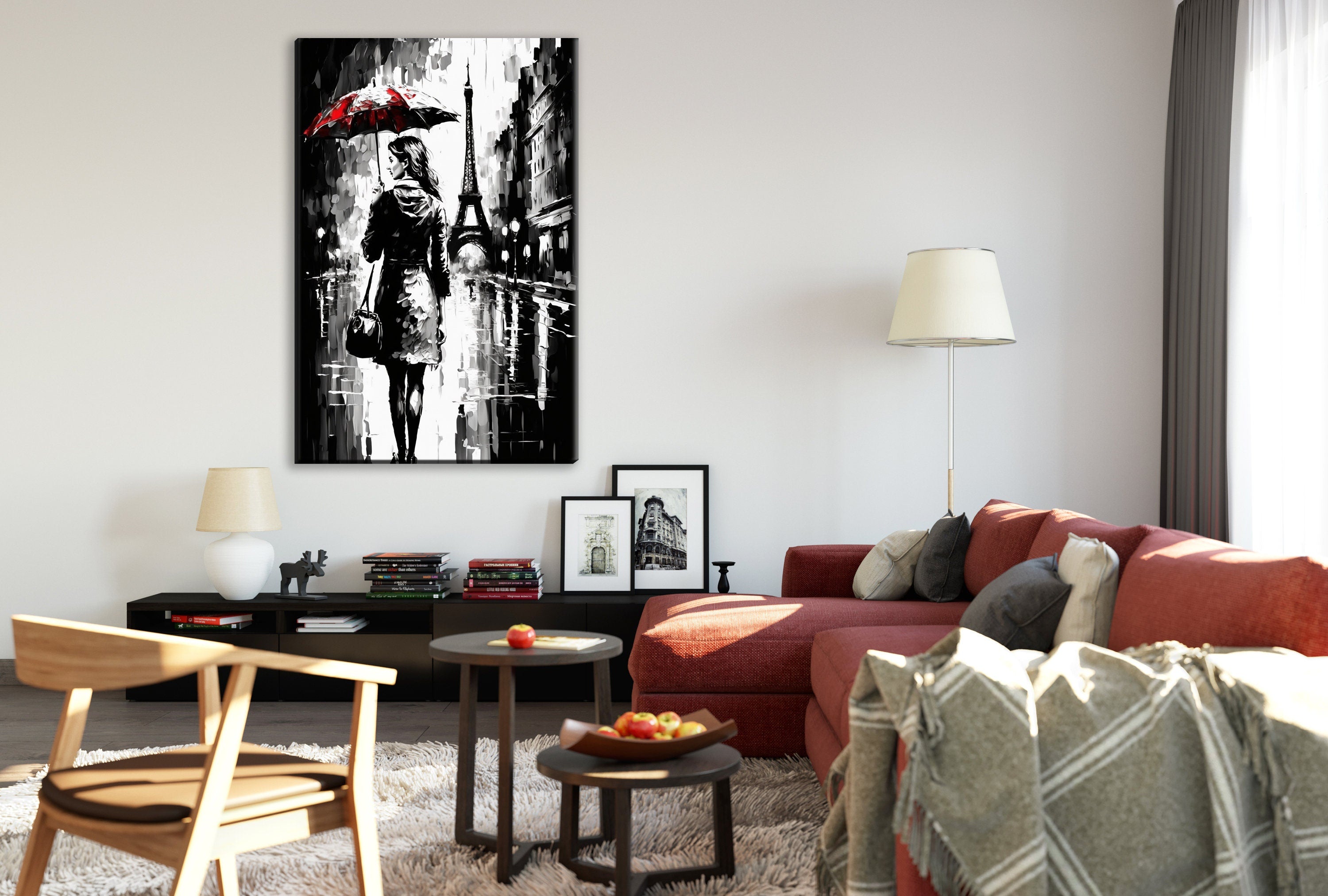 Parisian Cityscape Canvas – Monochrome Wall Art With Red Umbrella, Vintage Paris Print