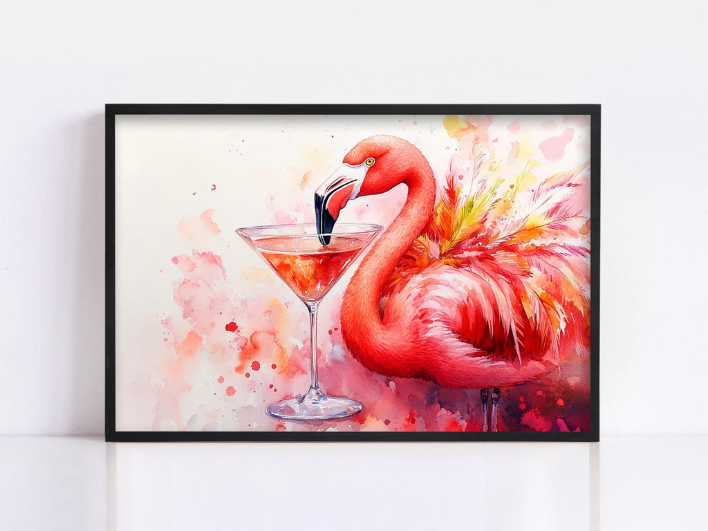 A vibrant painting of a flamingo standing next to a martini glass filled with a red drink, set against a colorful background.