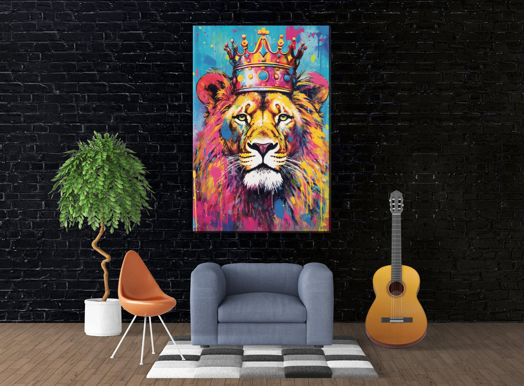 Lion Canvas Print – Large Gallery Wrapped Canvas Wall Art With Crowned Lion Design
