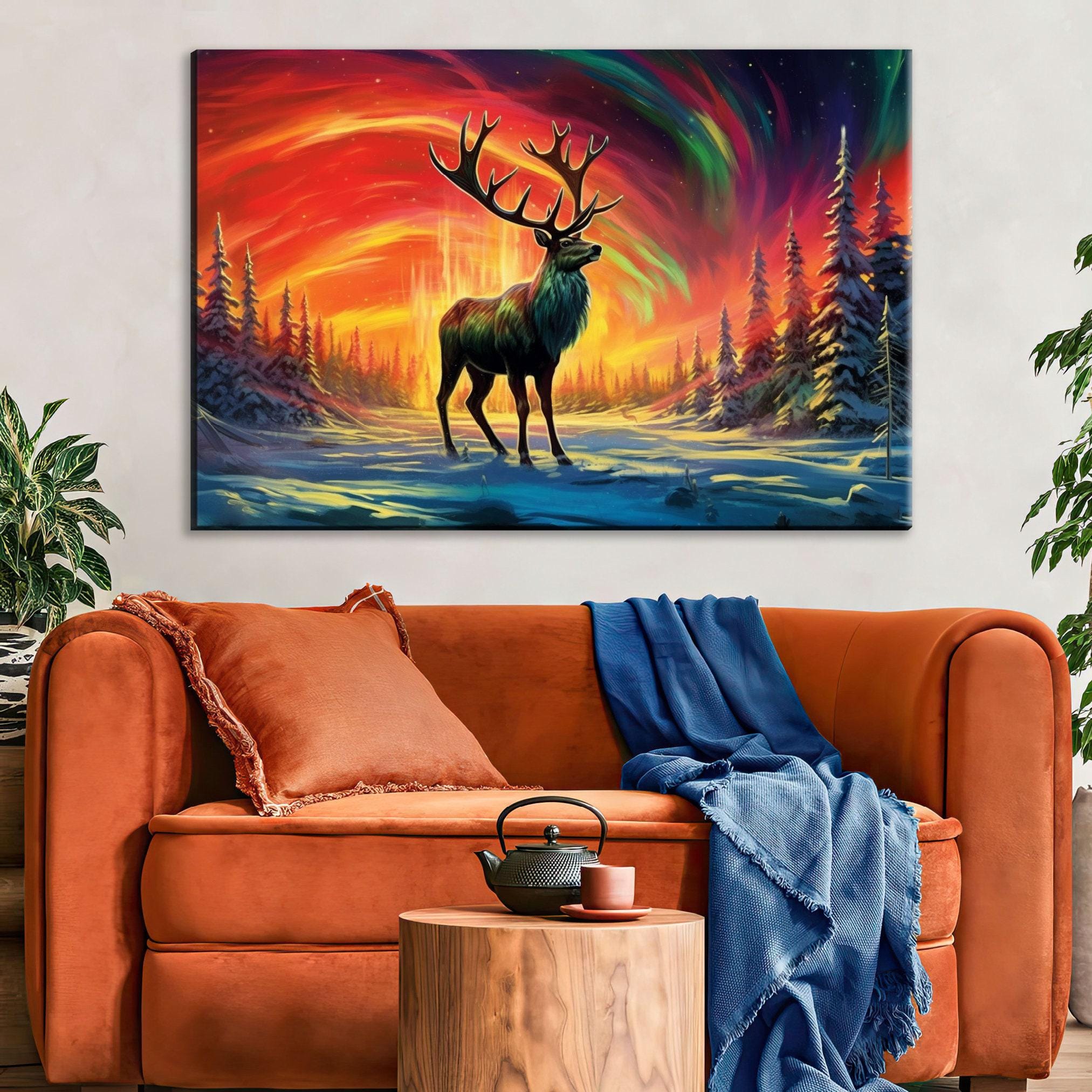Winter Elk Canvas - Northern Lights Art | Extra Large Gallery Wrapped Print