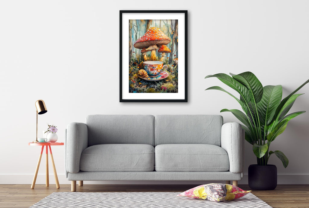 a cozy living room with a gray sofa, a framed painting of a mushroom and teacup, a small table with a lamp, and a potted plant.