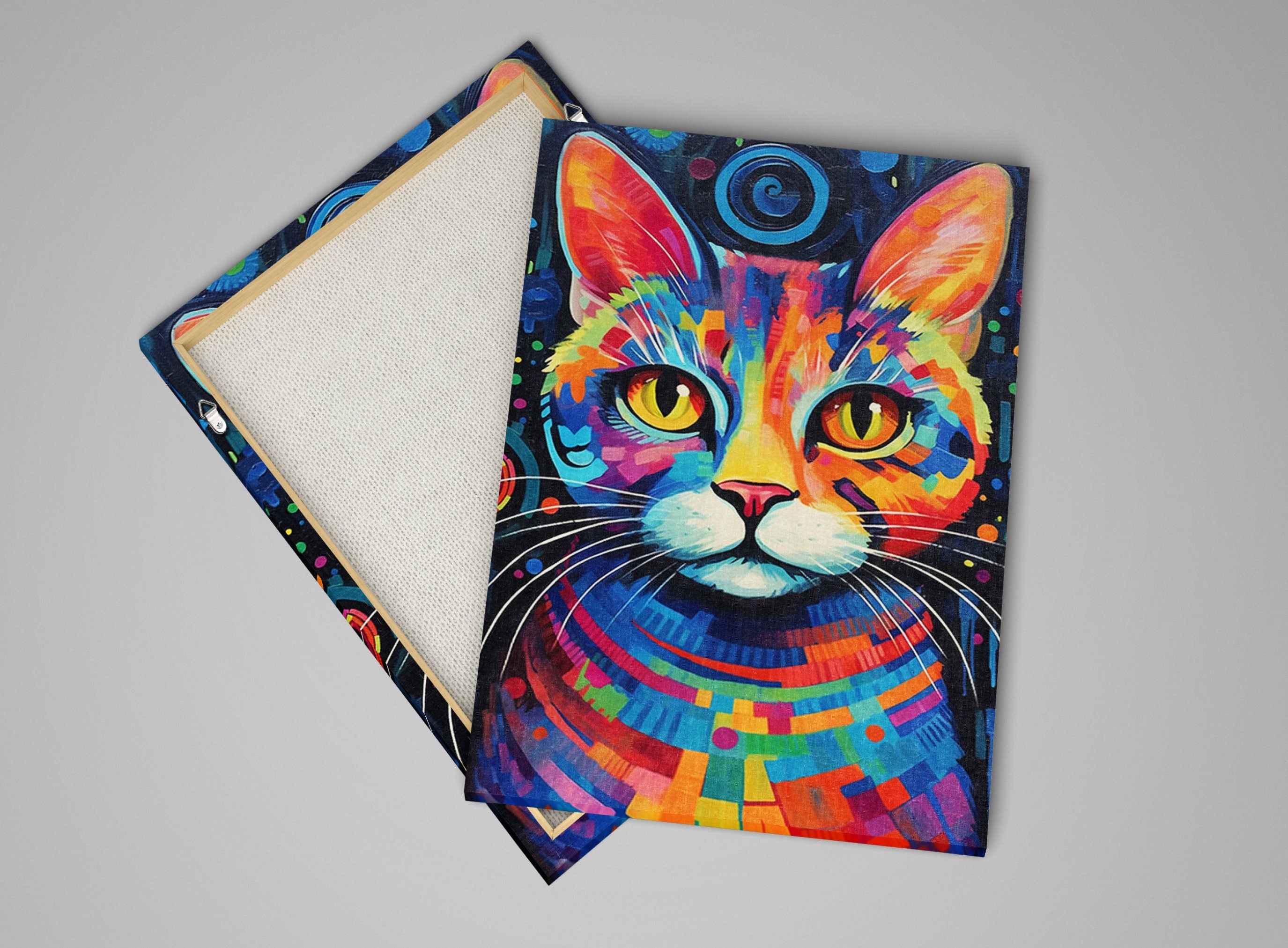 Colorful Cat Painting - Large Canvas Wall Art | Vibrant Pet Art, Expressive Cat Portrait