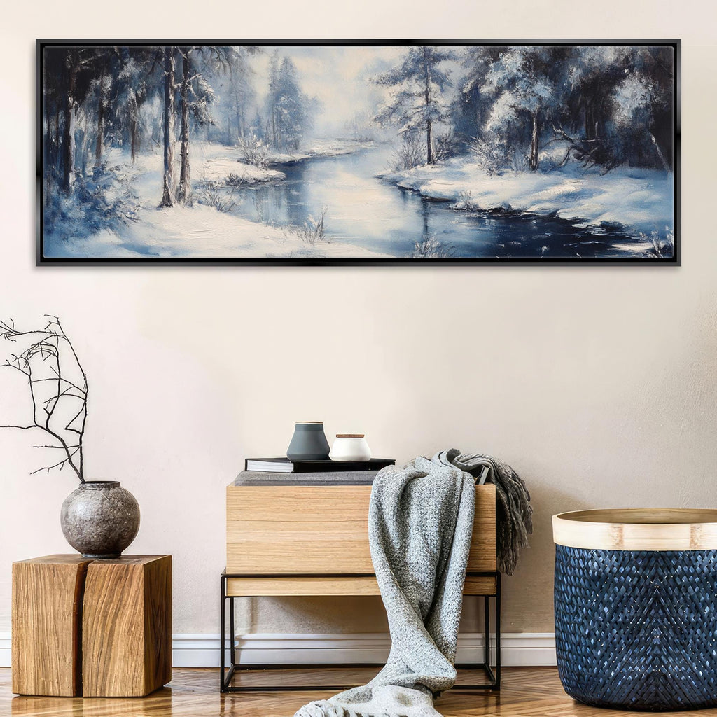 a painting hanging on a wall above a table