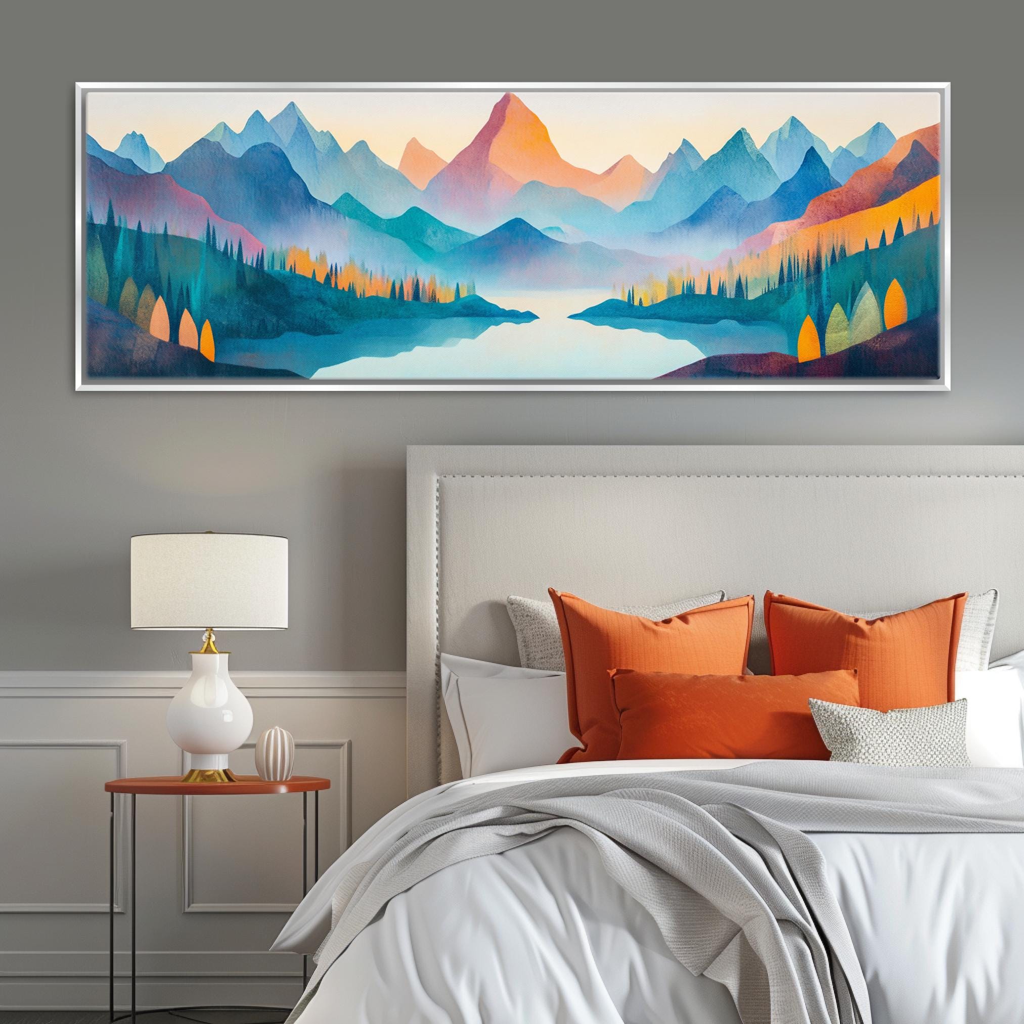 a bedroom with a large painting on the wall above the bed