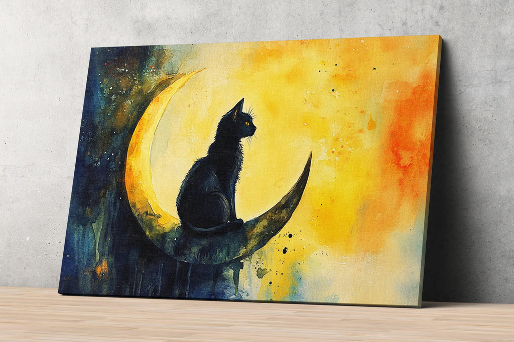 A black cat sitting on a crescent moon against a vibrant yellow and orange background.