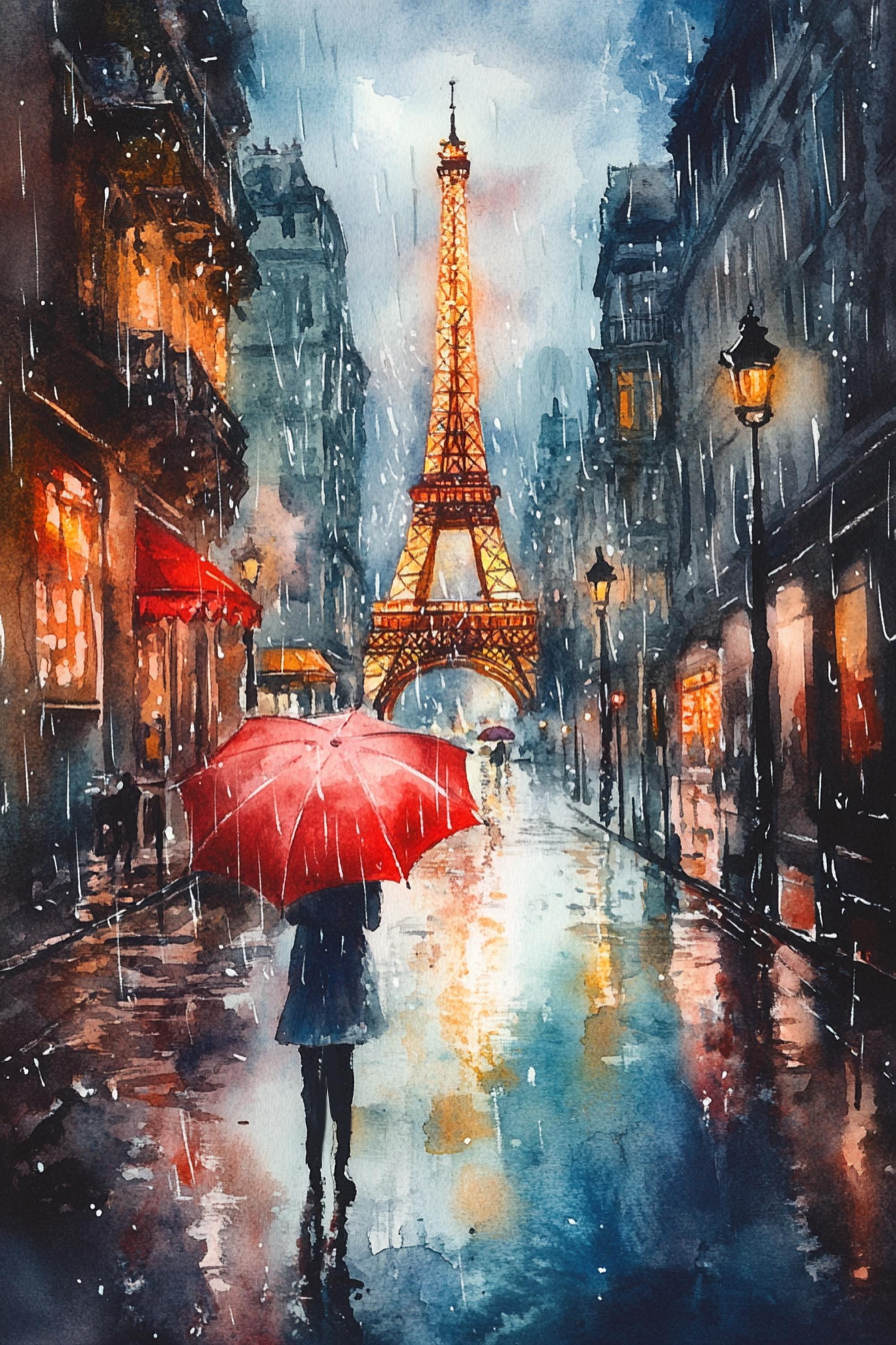 A person walks down a rainy Parisian street, holding a red umbrella, with the iconic Eiffel Tower visible in the background.