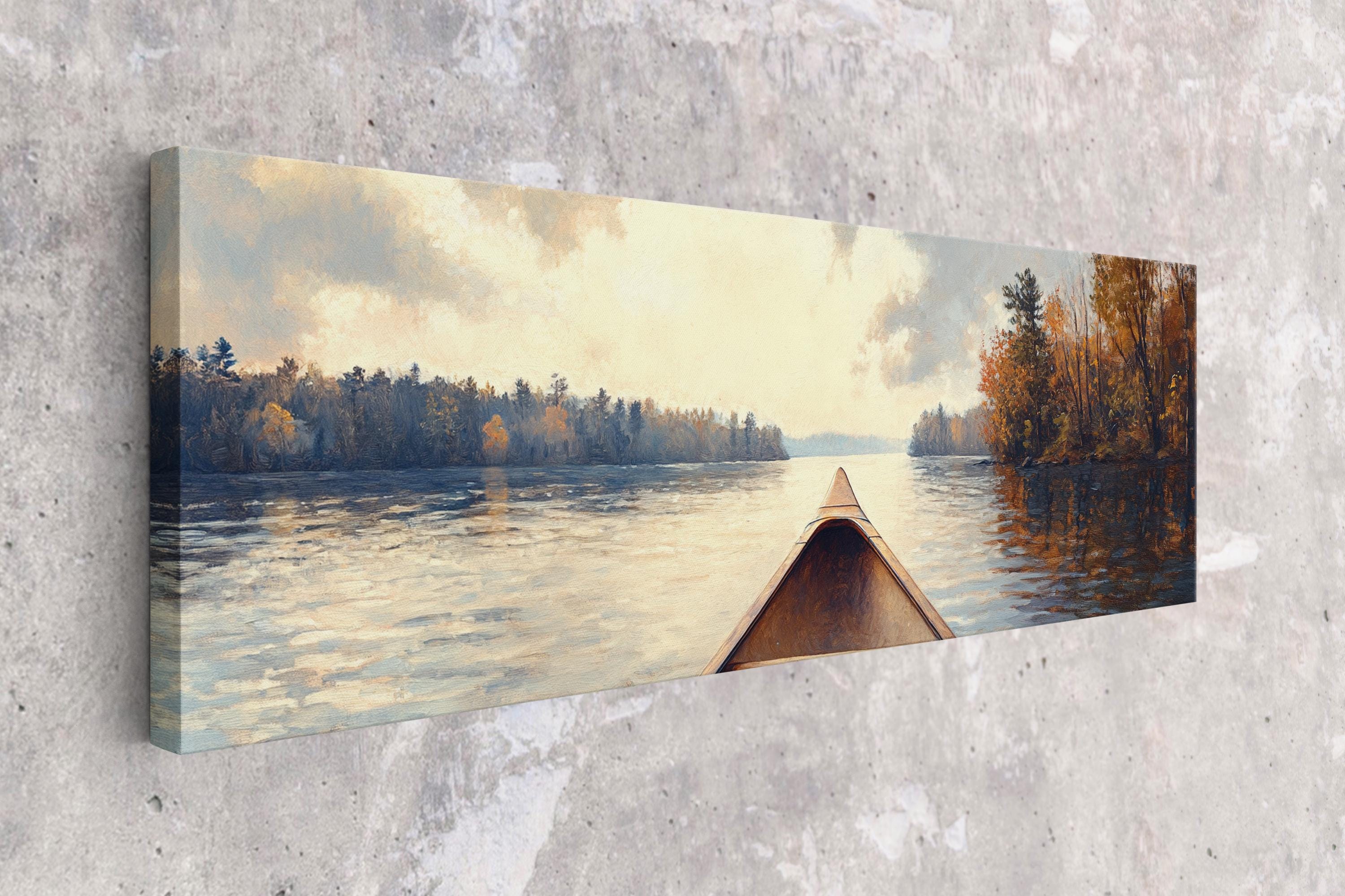 a painting of a canoe on a lake