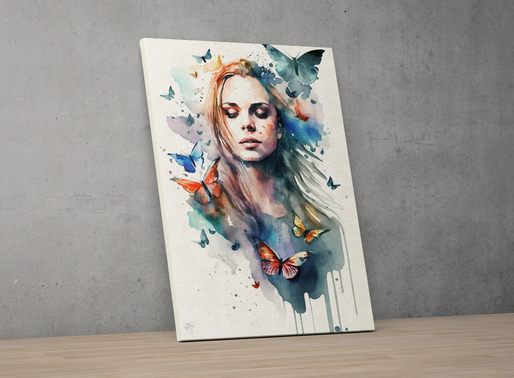 Dreamlike Elegance: Woman with Butterflies Watercolor Painting, Giclee Canvas, Artist and Watercolor Paper, Available in Extra Large Sizes
