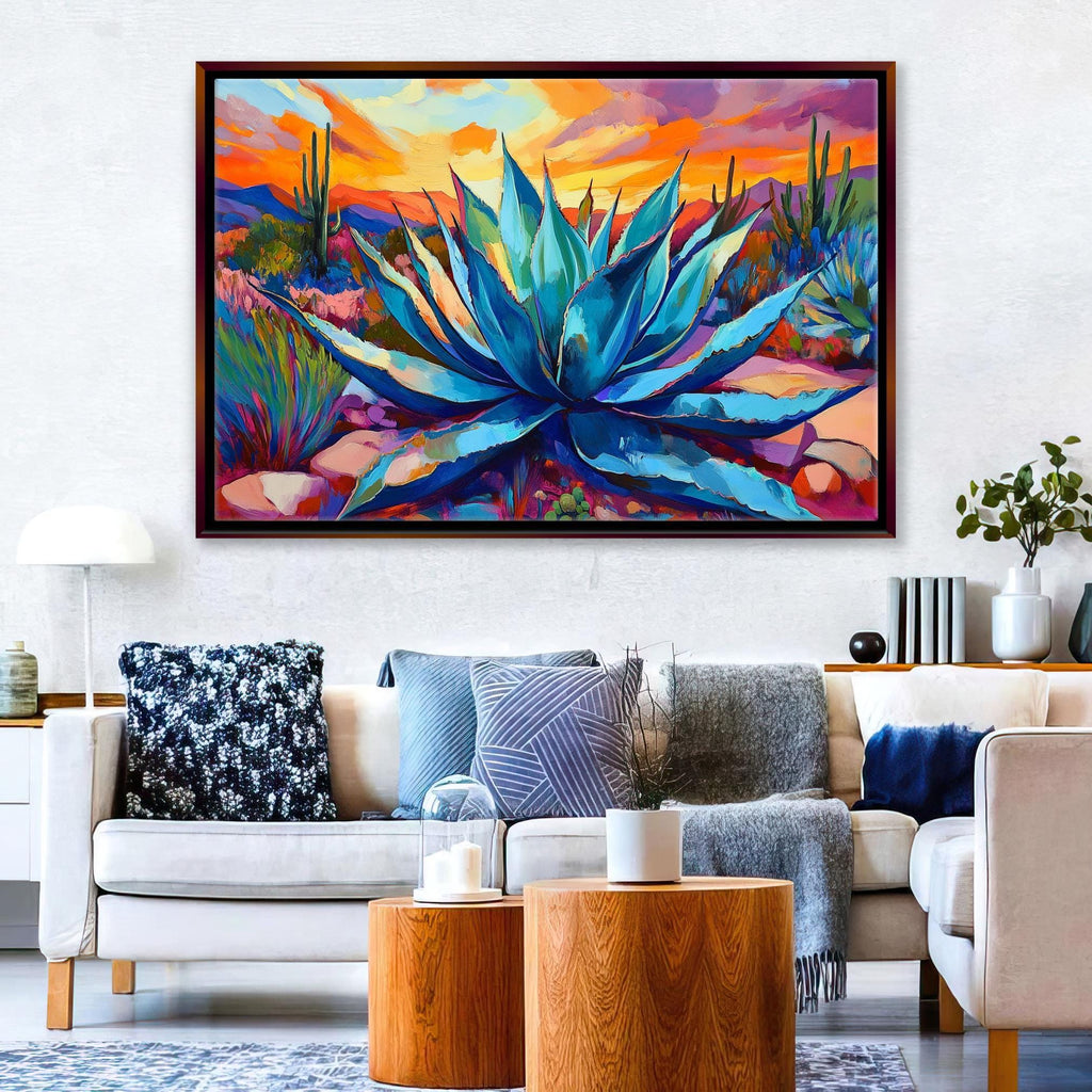 a large, colorful painting of a blue agave plant hanging on a wall above a white sofa in a living room setting.