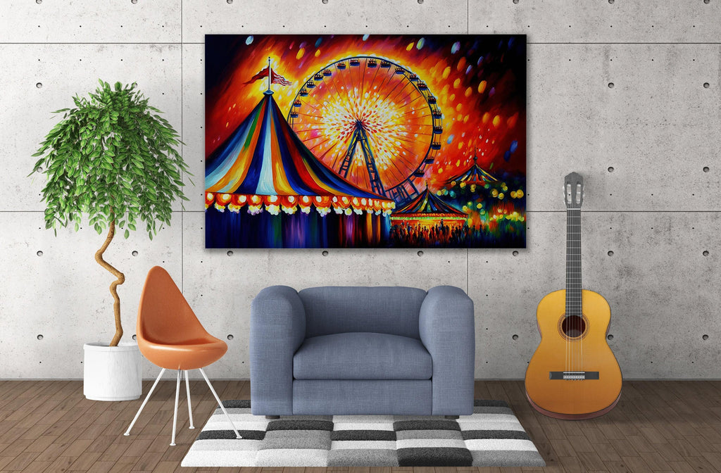 Carnival Canvas Wall Art – Vibrant Circus Painting Print With Ferris Wheel Giclee