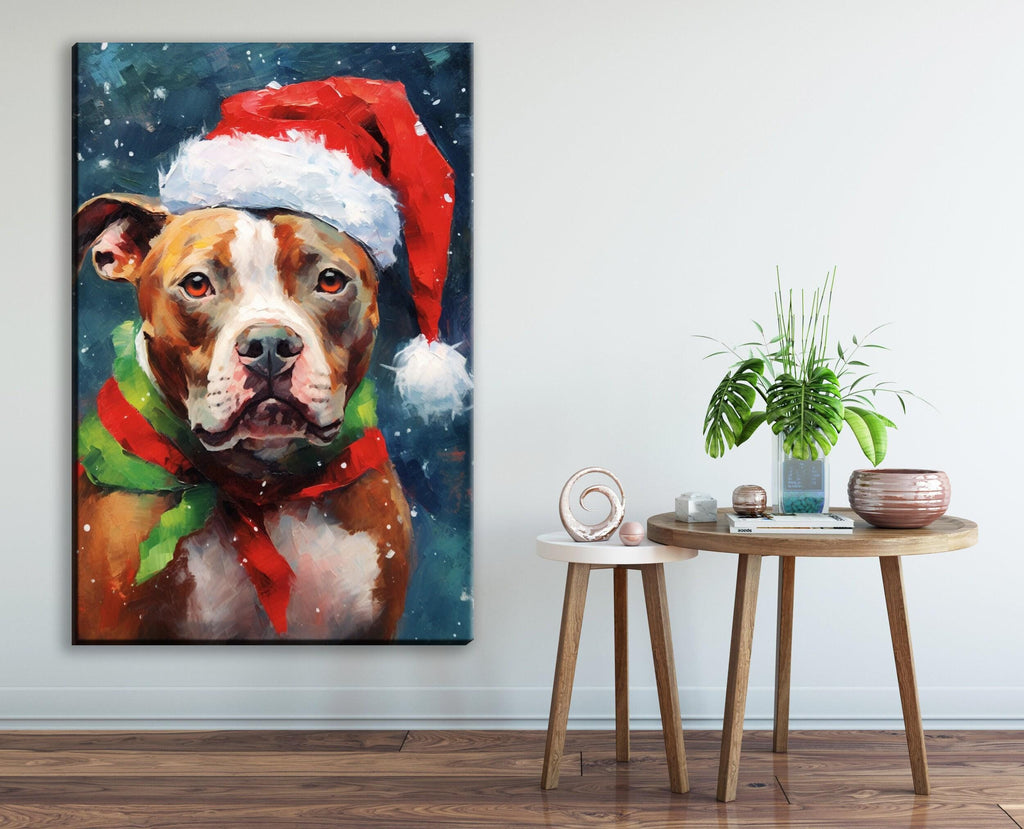 Christmas Pitbull Painting | Santa Hat Dog Art, Giclee Artist Print, Holiday Pet Artwork Canvas