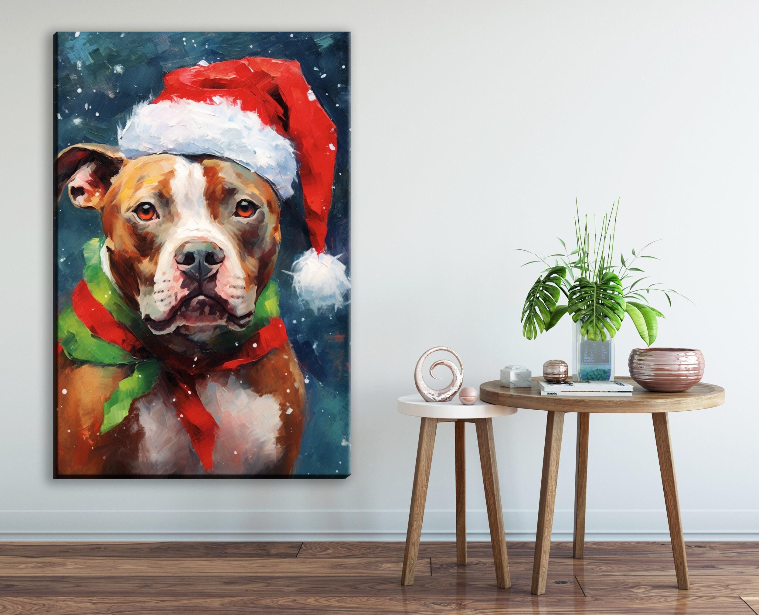 Christmas Pitbull Painting | Santa Hat Dog Art, Giclee Artist Print, Holiday Pet Artwork Canvas