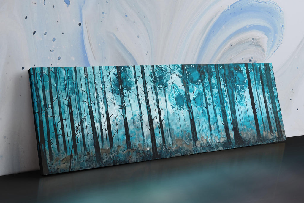a painting of a blue forest with white swirls