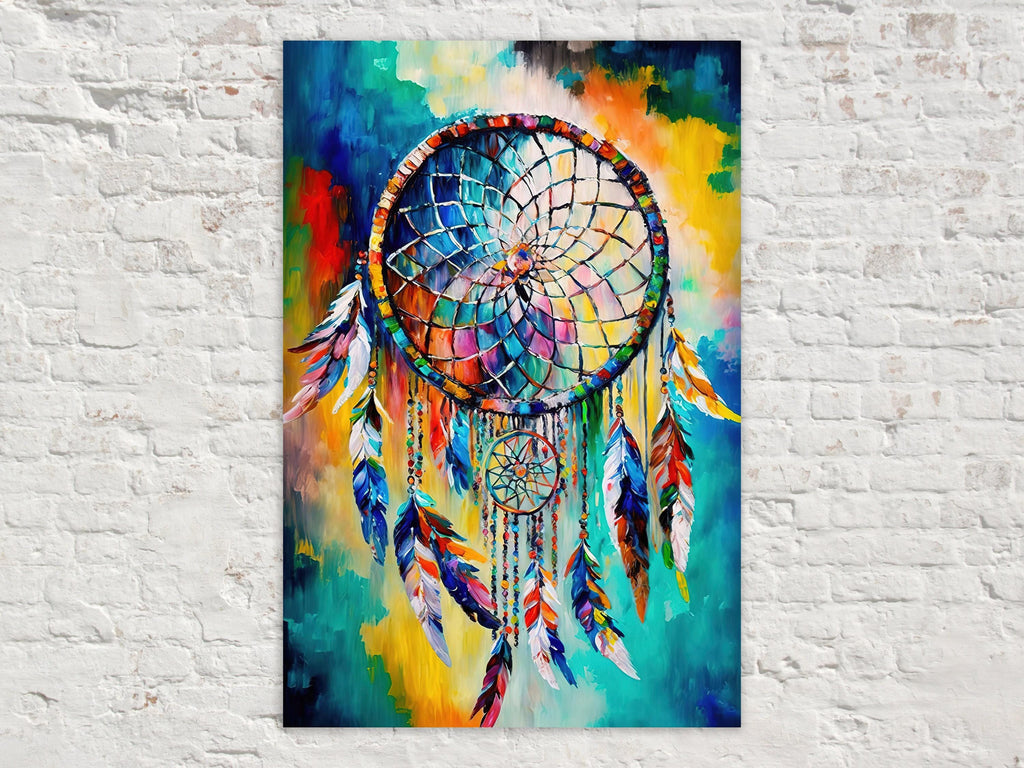 Dreamcatcher Art Print - Native American Canvas Wall Decor With Peacock Feather Art
