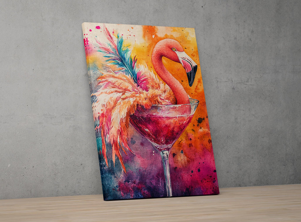 A vibrant painting of a flamingo standing in a martini glass, with splashes of color and a lively, energetic composition.