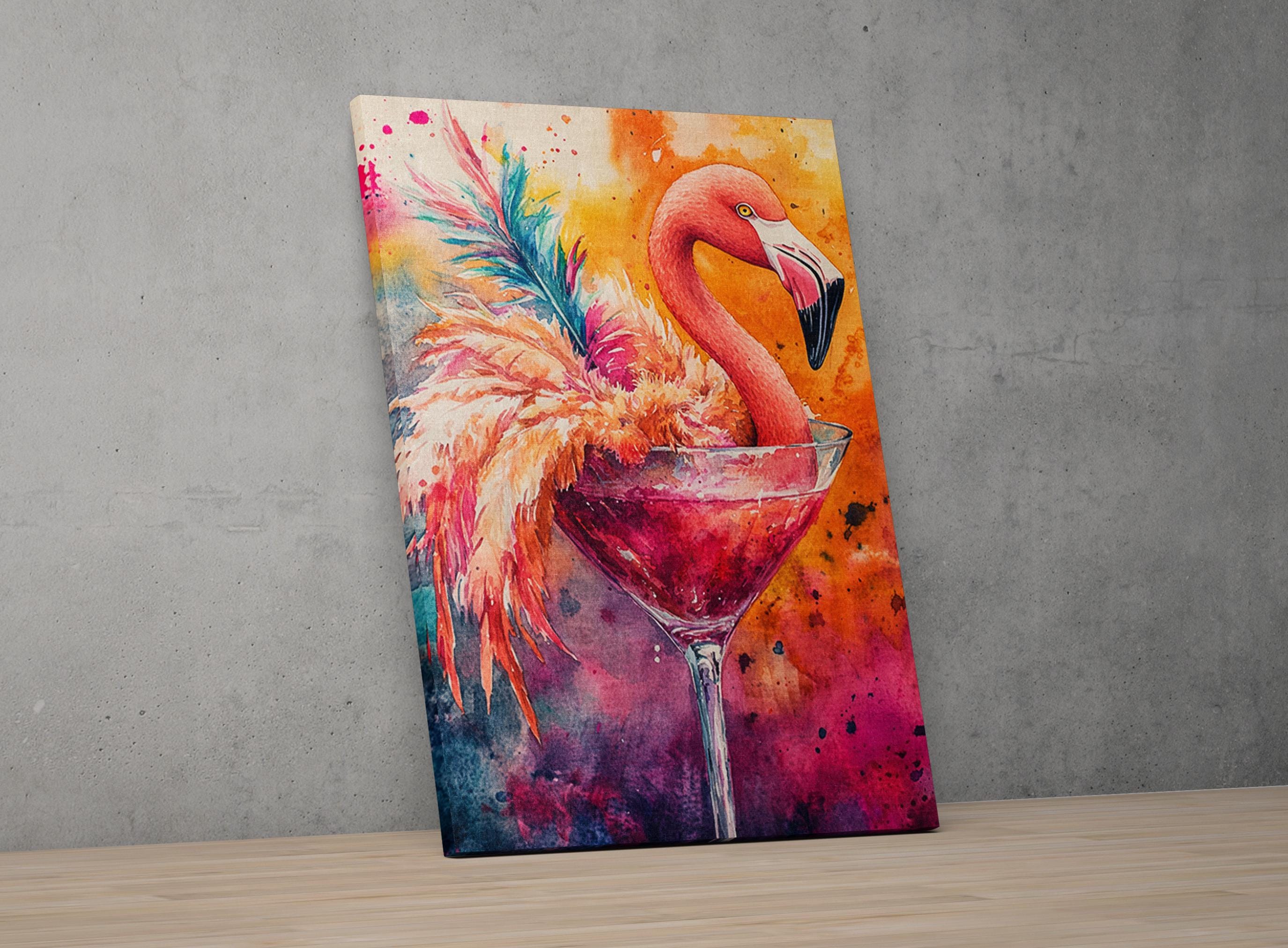 A vibrant painting of a flamingo standing in a martini glass, with splashes of color and a lively, energetic composition.