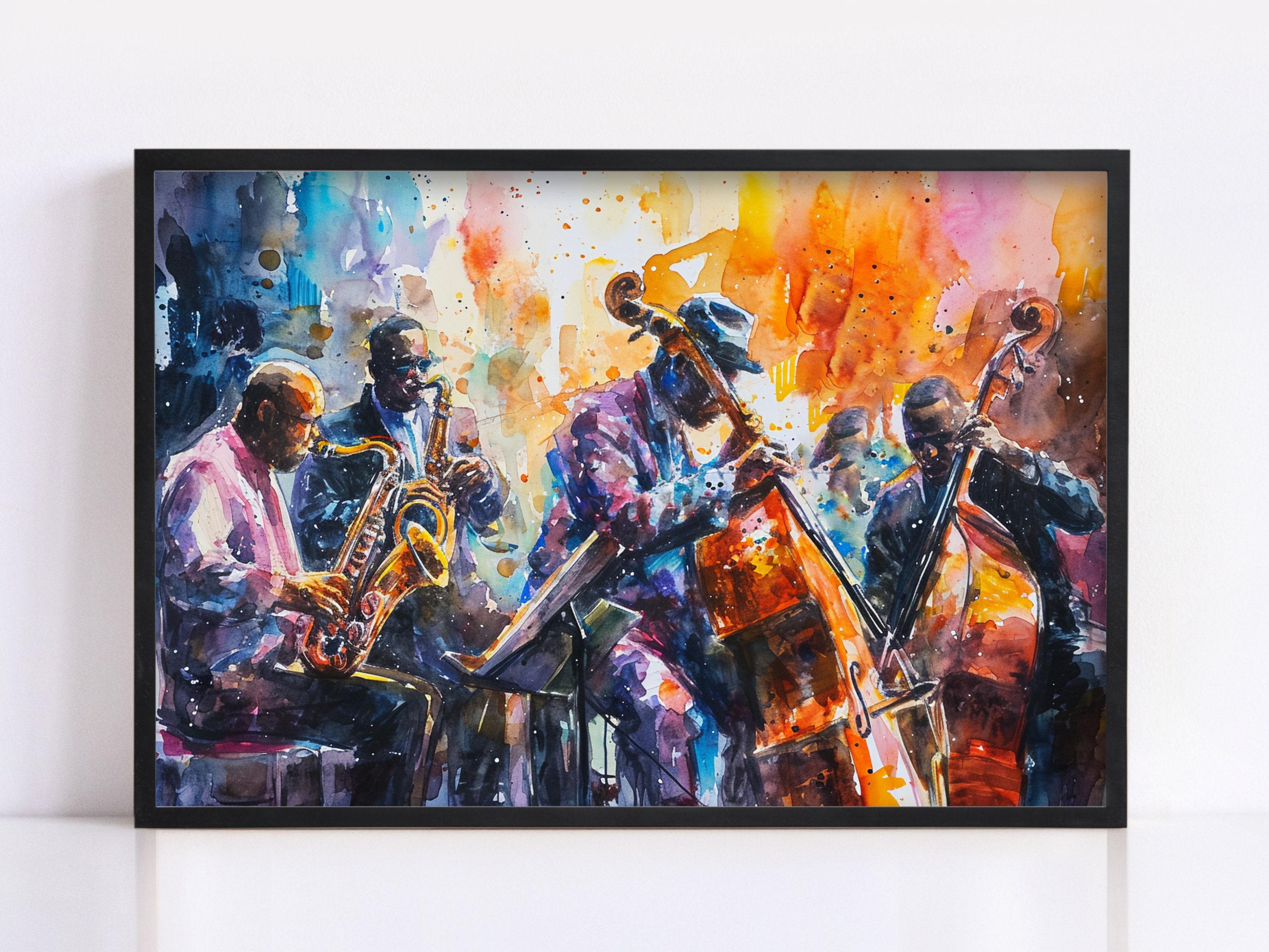Energetic Jazz Ensemble Watercolor Wall Decor, Giclee Print on Canvas, Artist Paper, Watercolor Paper, Available in Extra Large Sizes