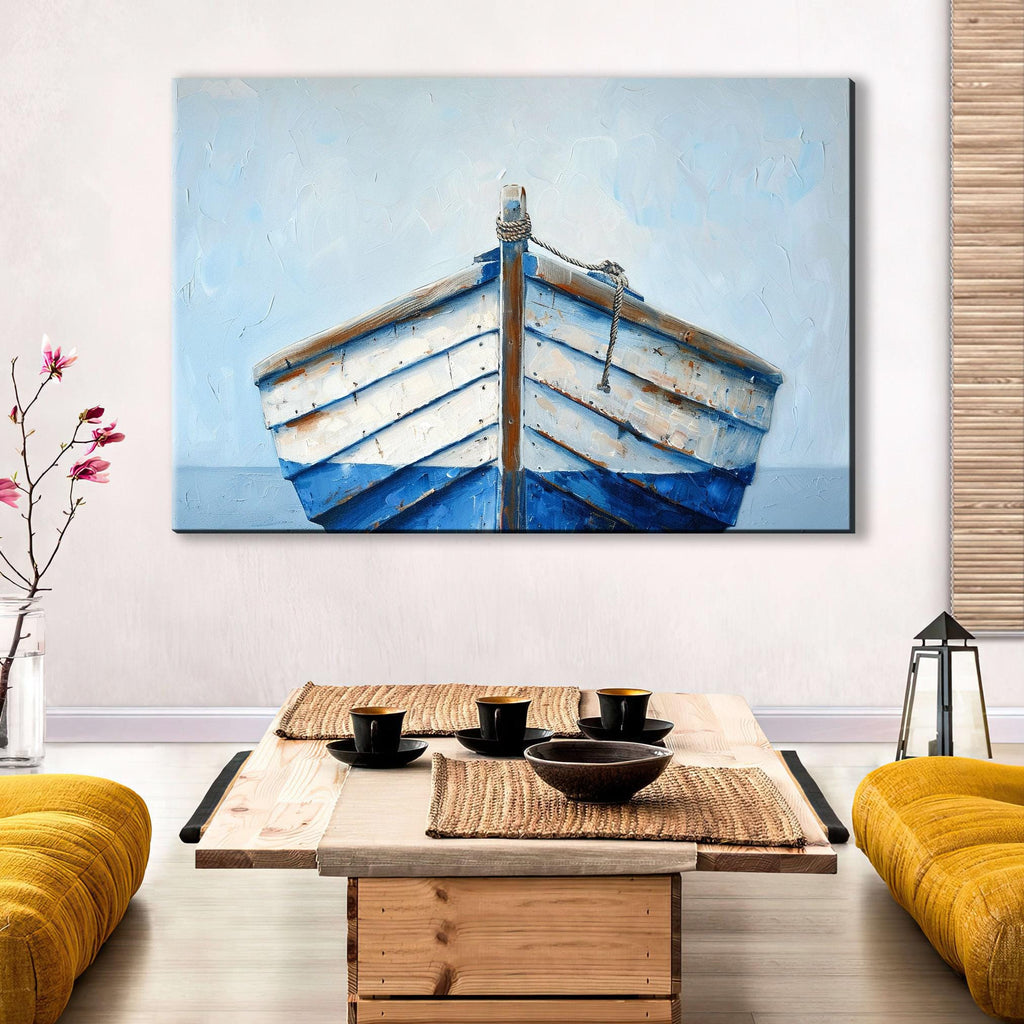 Blue White Wooden Boat - Nautical Wall Art | Large Gallery Wrapped Canvas Print