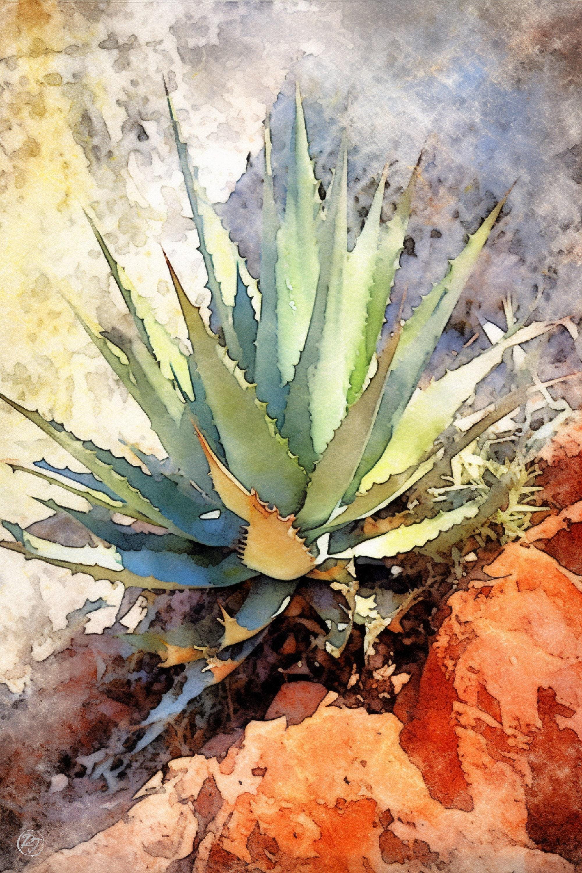 A vibrant, watercolor-style image depicting a cactus plant with long, thin leaves and a distinctive shape, set against a rocky, reddish-brown background.