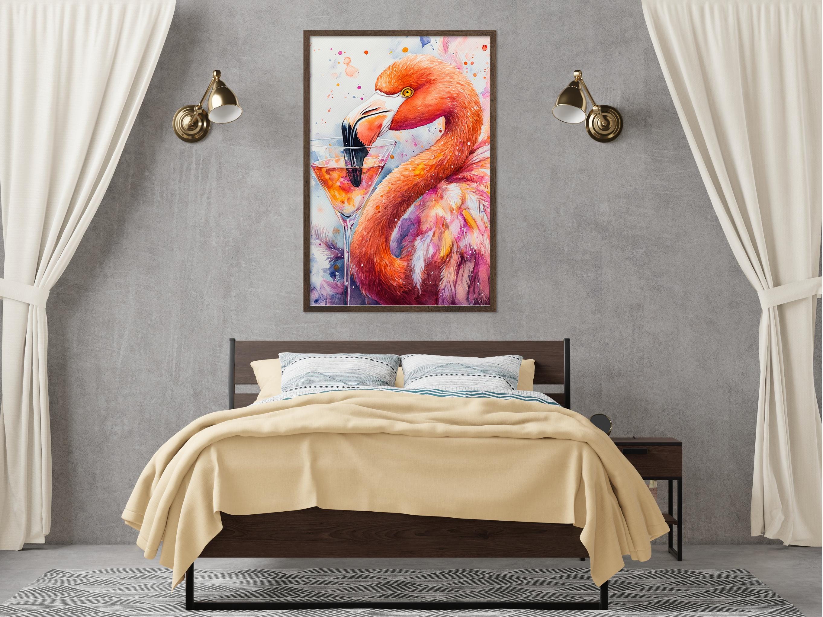 a bedroom with a large bed, a nightstand, and a framed painting of a flamingo on the wall above the bed.