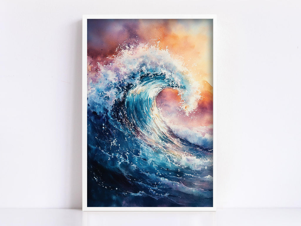 a large, powerful wave crashing against the shore, with the water in shades of blue and white and the sky above filled with vibrant colors.