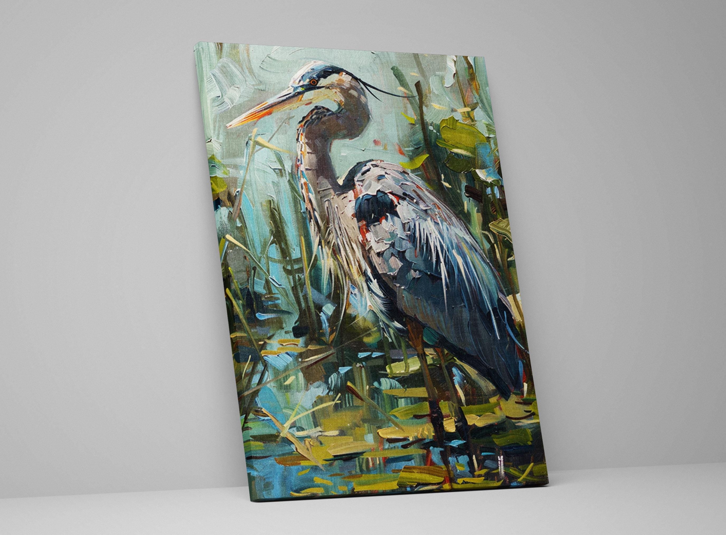 The image is a painting of a blue heron standing in a pond surrounded by lush vegetation.
