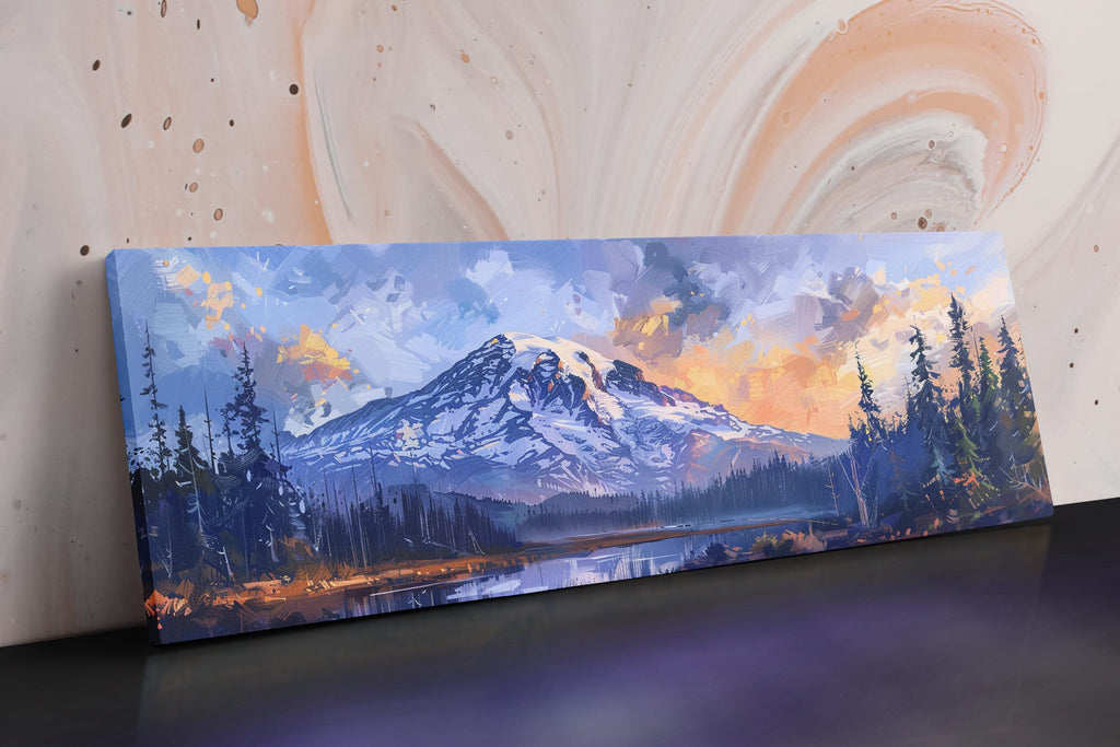 a painting of a mountain with a lake in the foreground