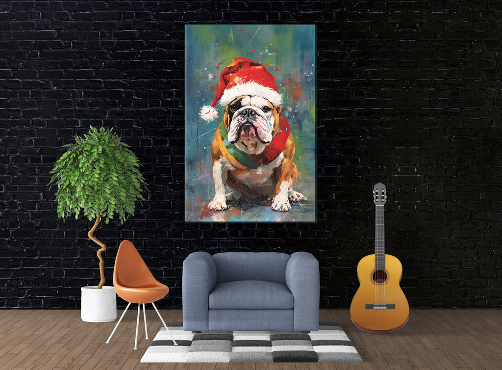 English Bulldog Christmas Art – Festive Dog Painting on Gallery Wrapped Canvas, Large Holiday Canvas