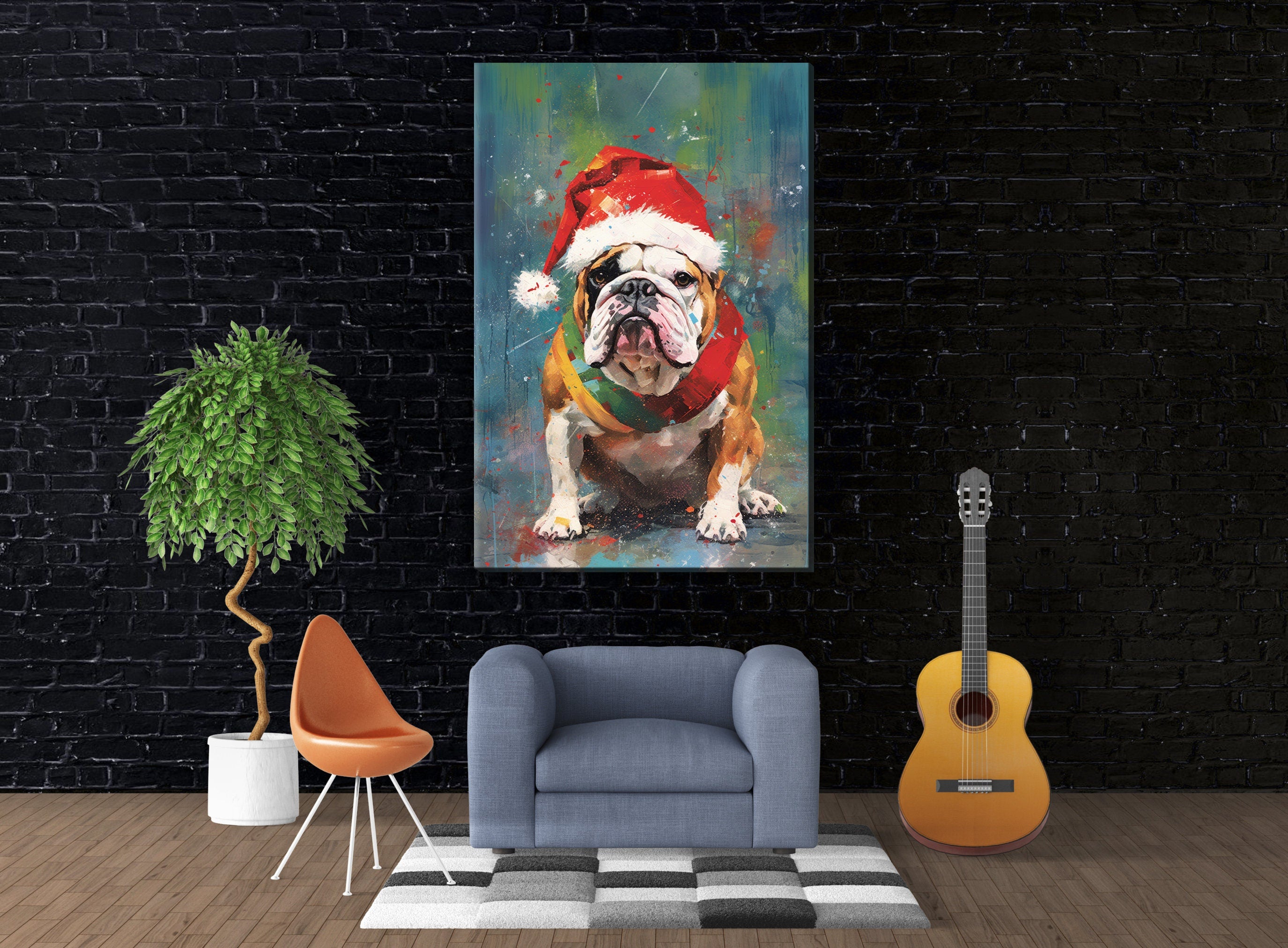 English Bulldog Christmas Art – Festive Dog Painting on Gallery Wrapped Canvas, Large Holiday Canvas