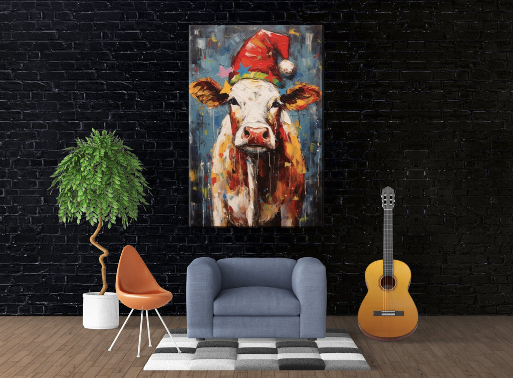 Festive Cow Canvas - Whimsical Christmas Wall Art | Holiday Farm Art Print