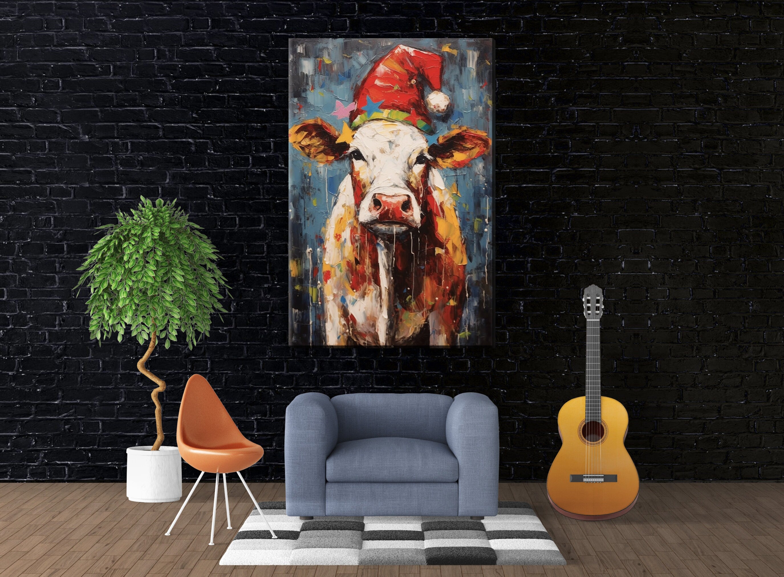 Festive Cow Canvas - Whimsical Christmas Wall Art | Holiday Farm Art Print
