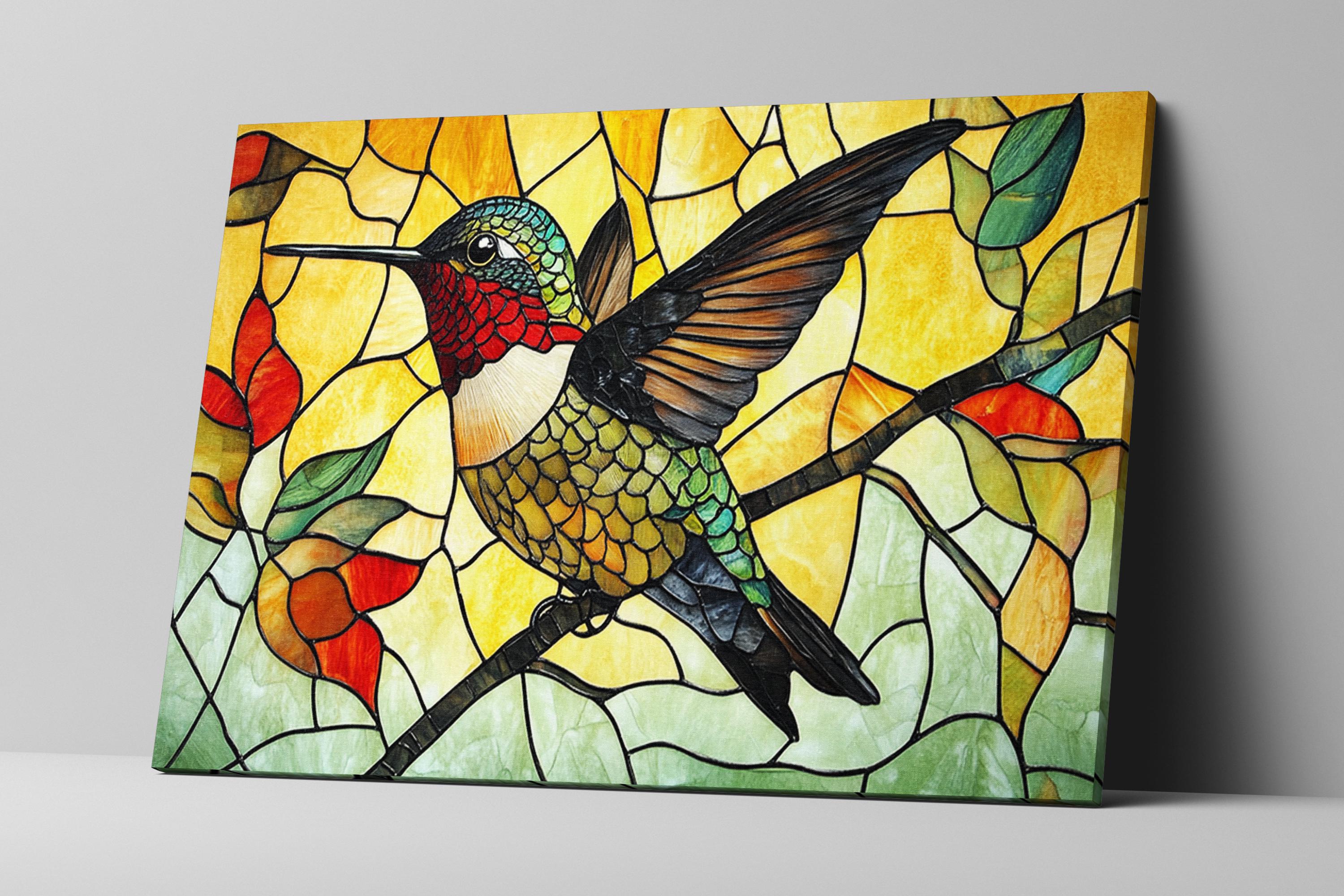 a stained glass picture of a hummingbird perched on a branch