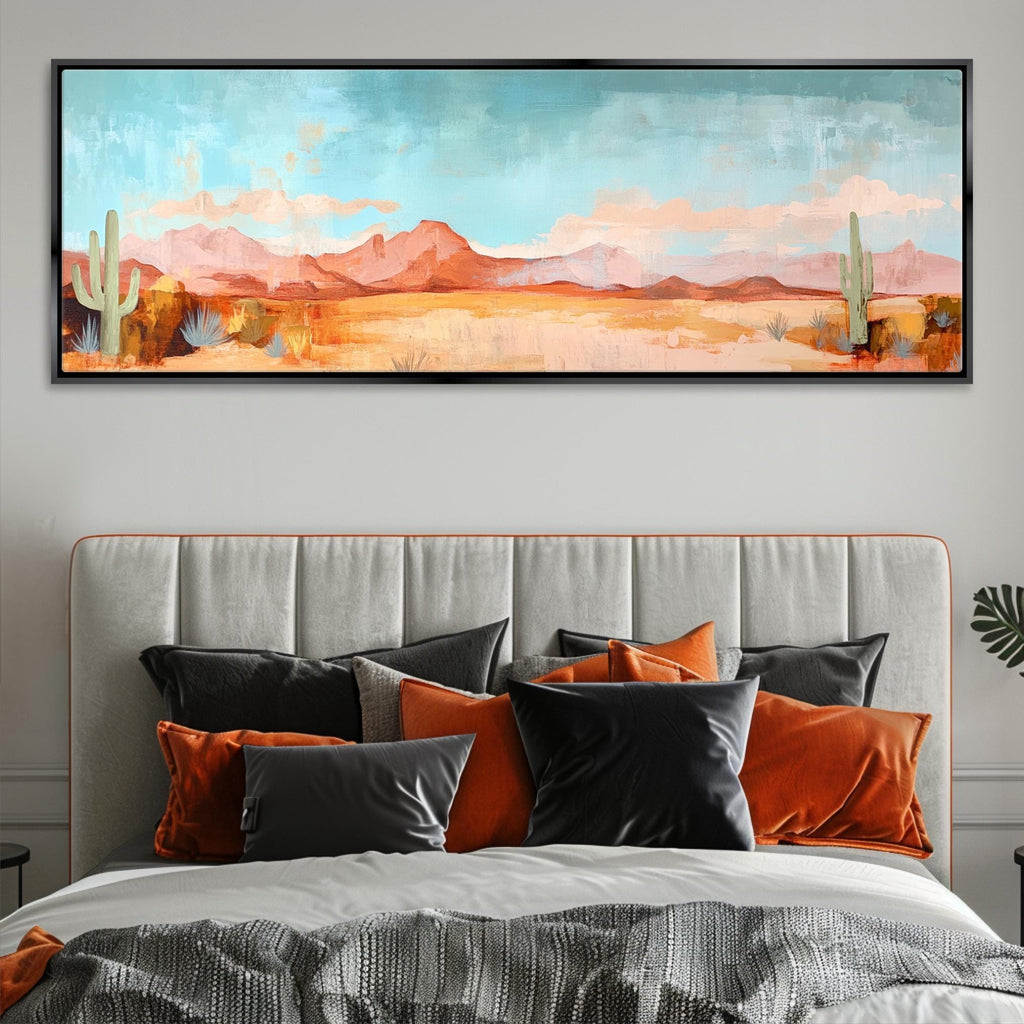 a large painting hanging above a bed in a bedroom