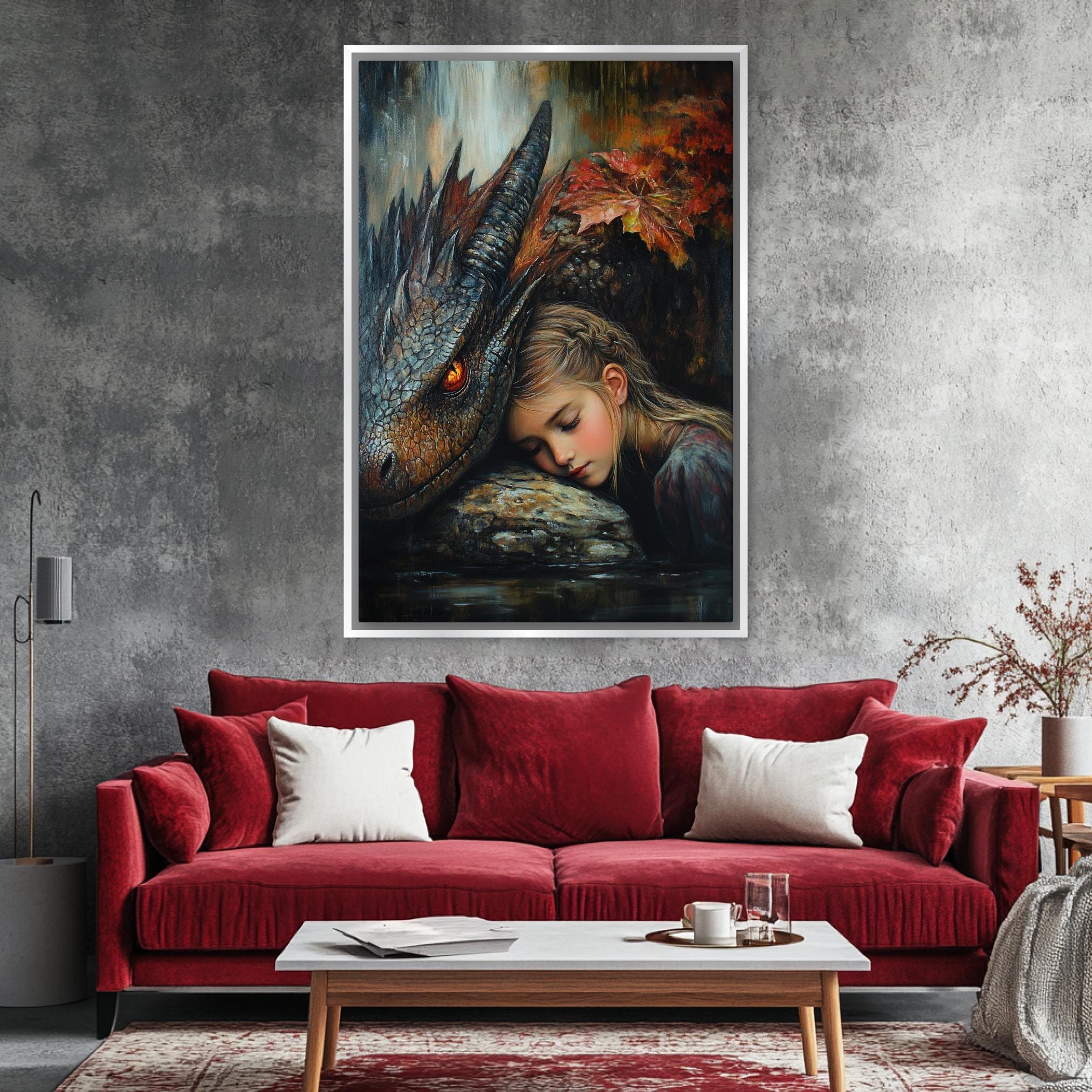 a living room with a red couch and a painting on the wall