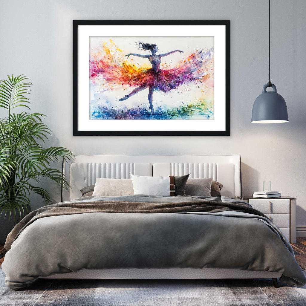 a large, colorful painting of a ballerina on a white bed in a bedroom setting.