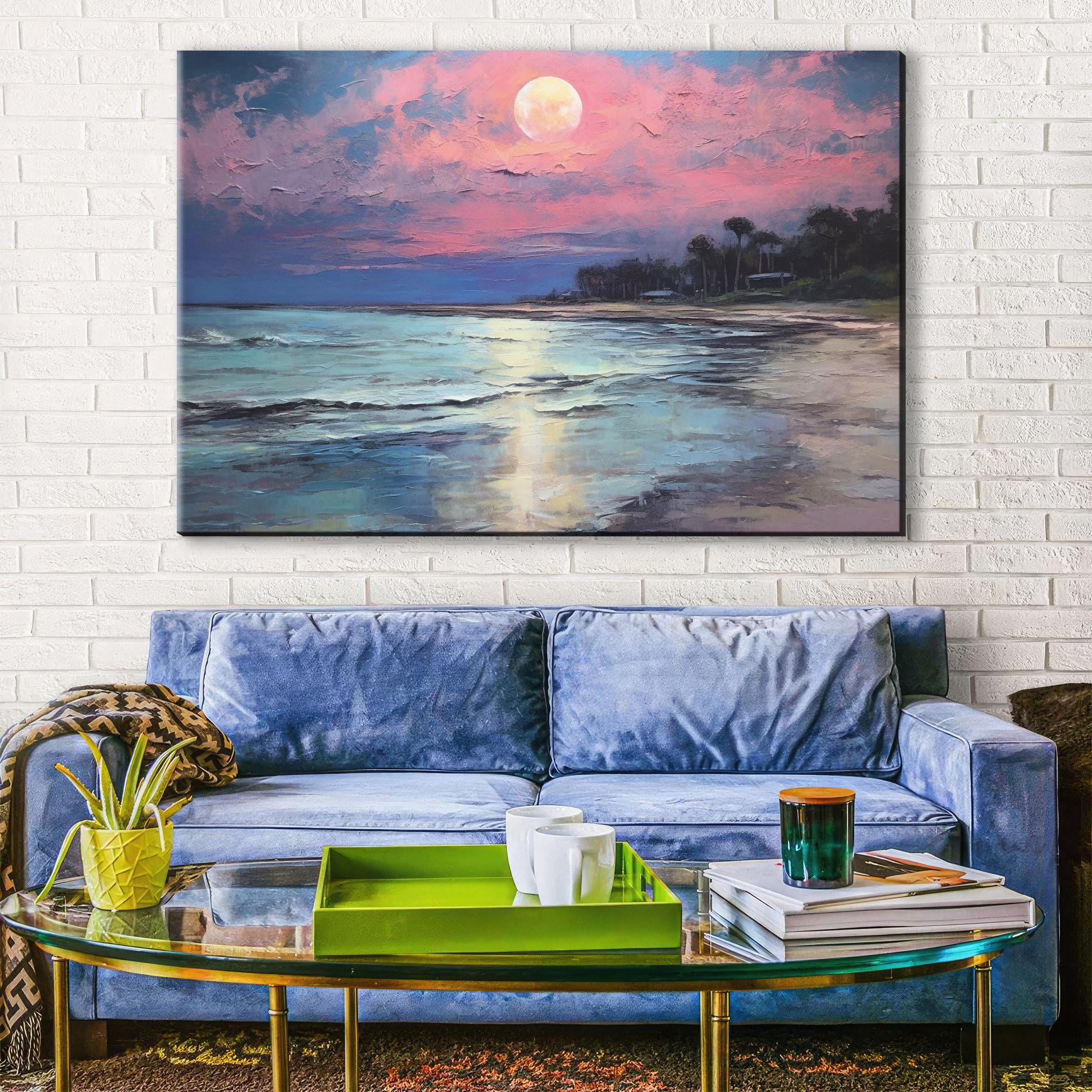 Moonlight Beach Painting – Large Canvas Print | Coastal Wall Art, Gallery Wrapped Canvas