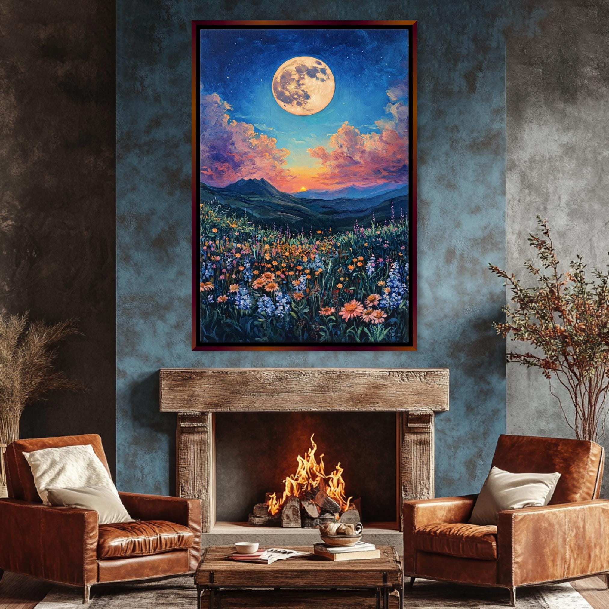 a living room with a fire place and a painting on the wall