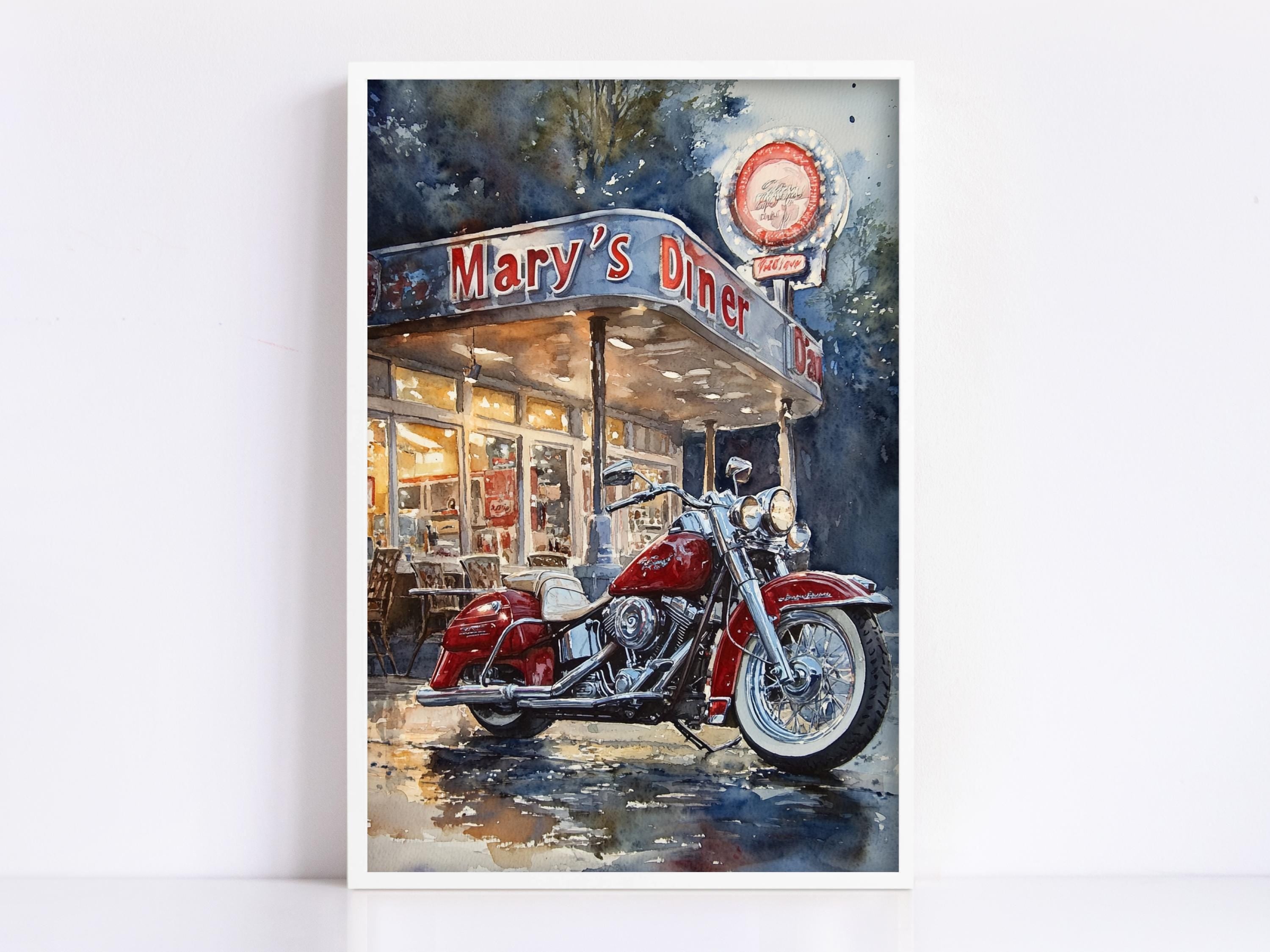 A red motorcycle parked in front of a diner named "Mary's Diner" with a neon sign above it.