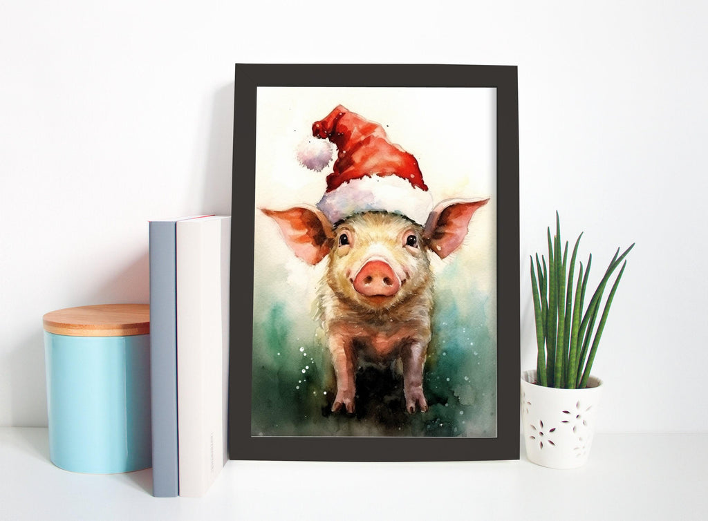 Festive Pig in Santa Hat Watercolor -  Christmas Art, Giclee Print on Canvas, Artist Paper, Watercolor Paper, Available in Extra Large Sizes