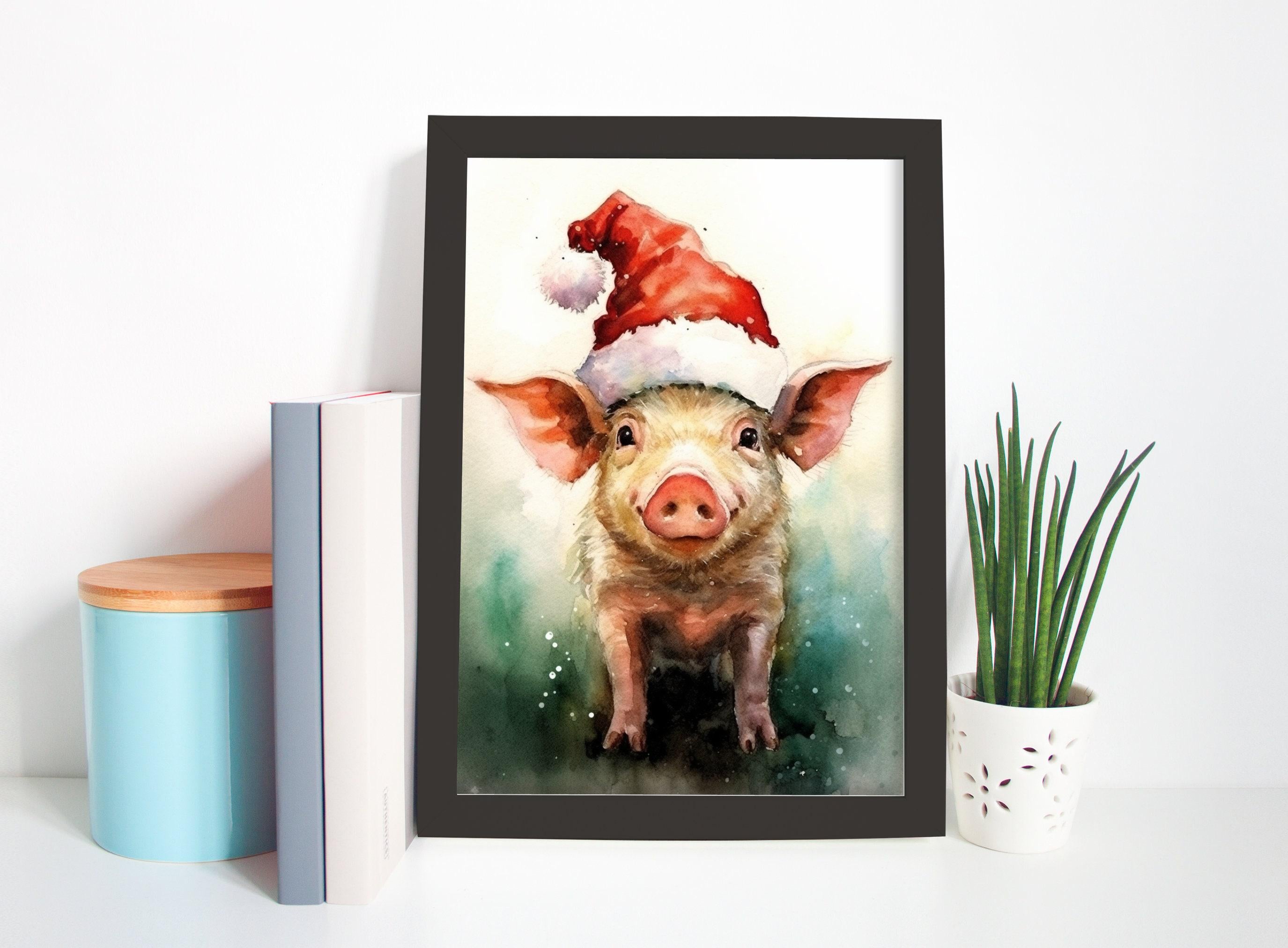 Festive Pig in Santa Hat Watercolor -  Christmas Art, Giclee Print on Canvas, Artist Paper, Watercolor Paper, Available in Extra Large Sizes