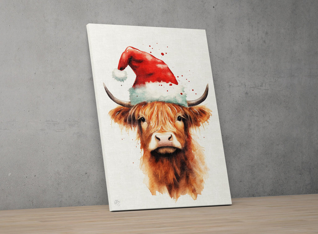 Cute Baby Highland Cow in Santa Hat Watercolor Art, Giclee Print on Canvas, Artist Paper, Watercolor Paper, Available in Extra Large Sizes