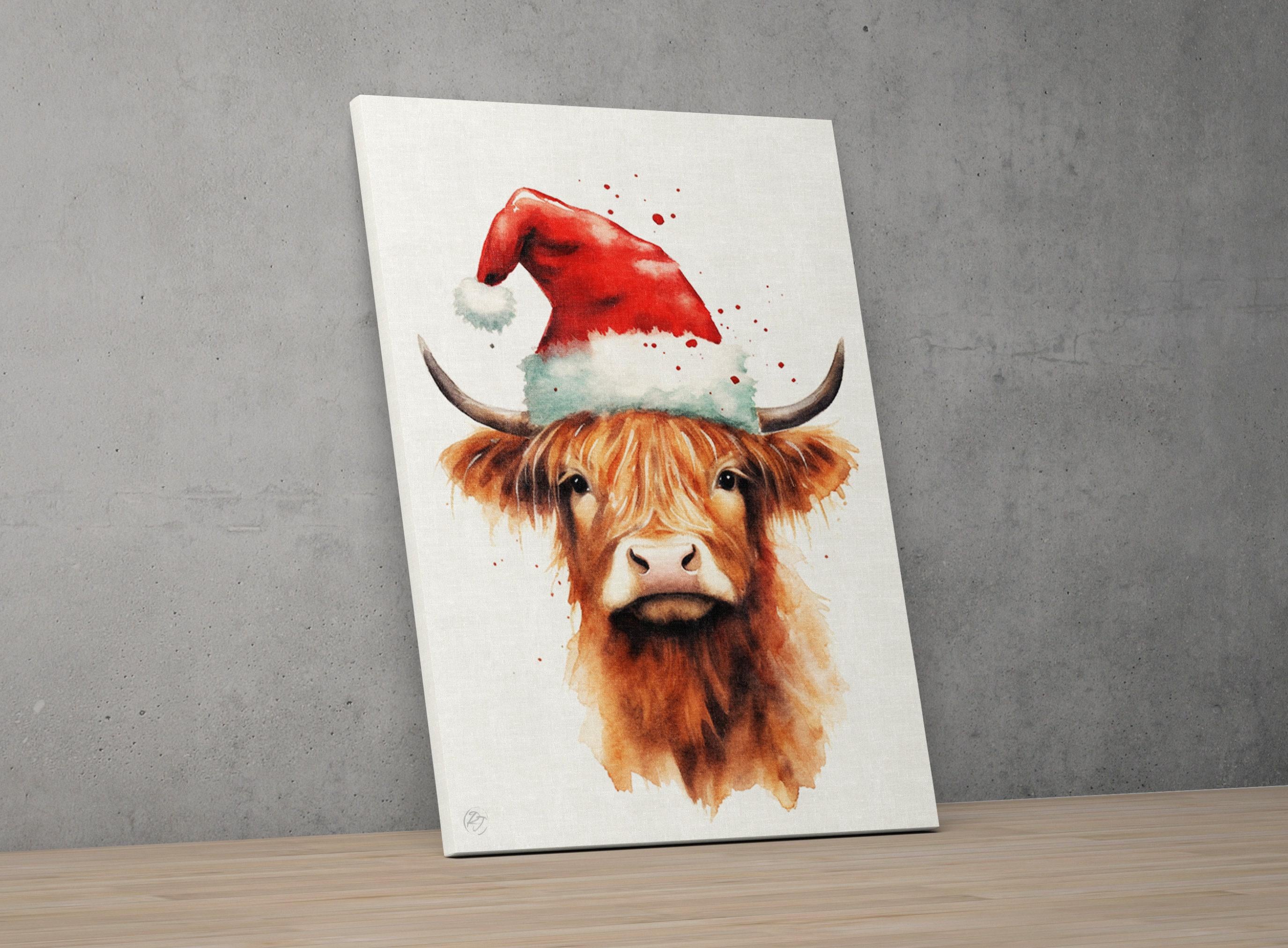 Cute Baby Highland Cow in Santa Hat Watercolor Art, Giclee Print on Canvas, Artist Paper, Watercolor Paper, Available in Extra Large Sizes