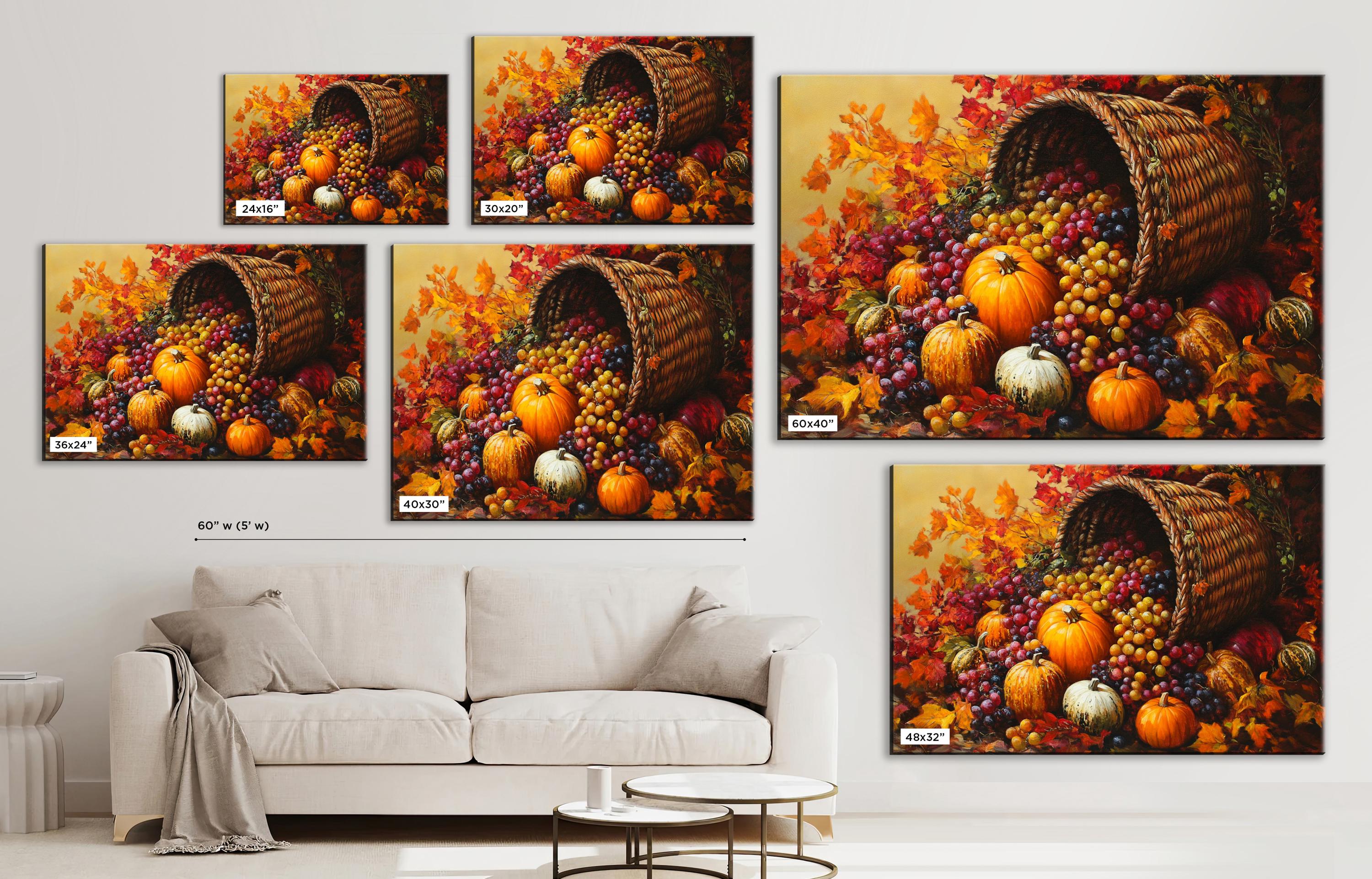The image is a collage of multiple images depicting a basket overflowing with various fruits, including pumpkins, apples, and grapes, against a backdrop of autumn leaves.