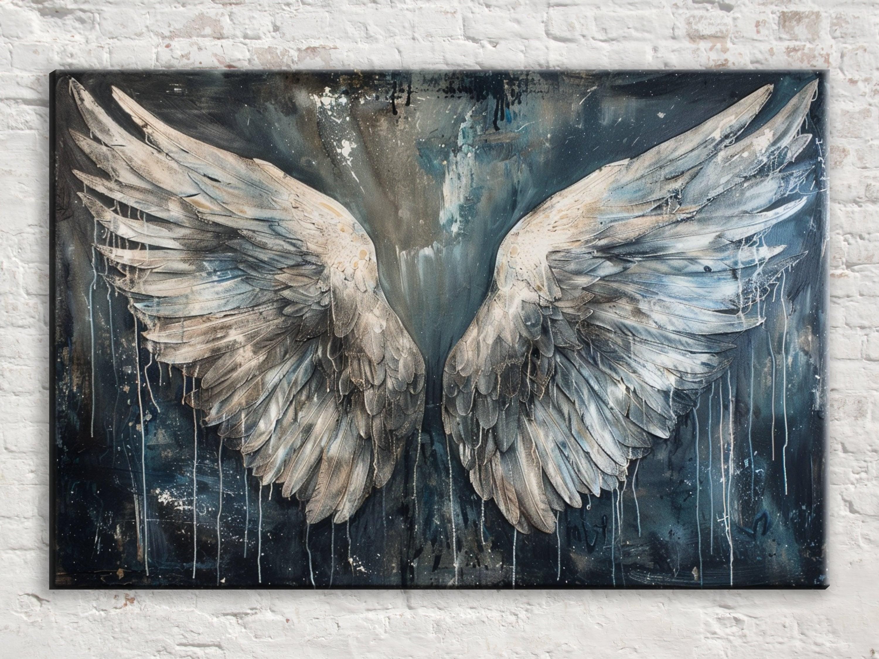 a large, detailed painting of a pair of angelic wings against a dark background.