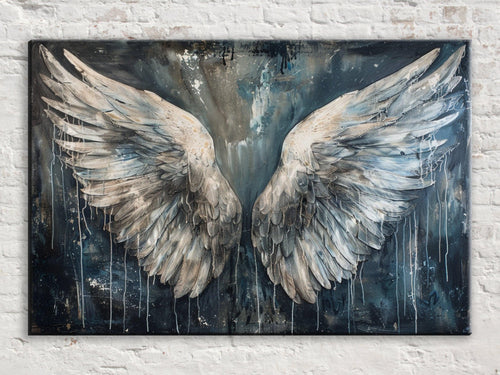 a large, detailed painting of a pair of angelic wings against a dark background.